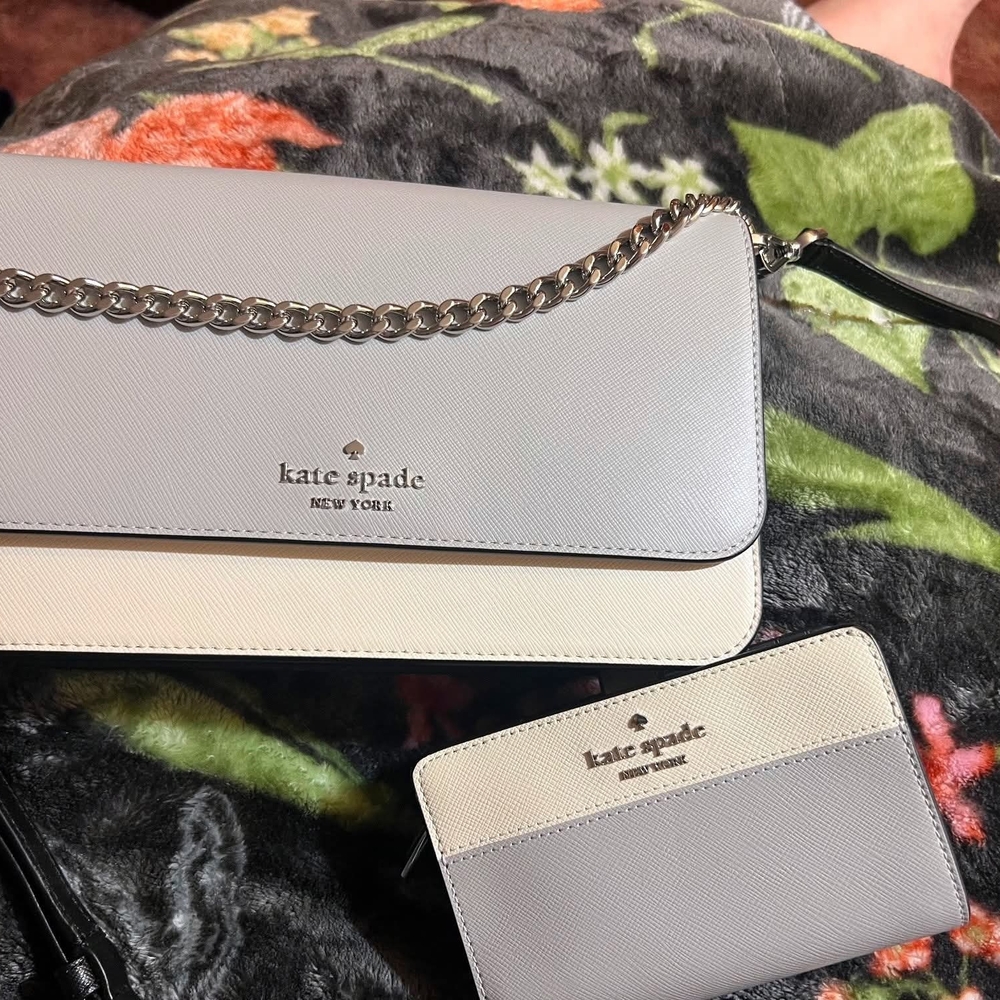 Kate Spade Grey and Cream Crossbody Bag with Chain Strap And Wallet